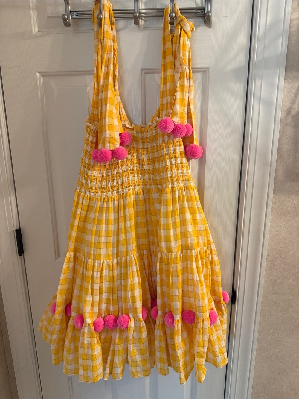 Yellow Gingham Sundress with Pink Pom Pom Trim